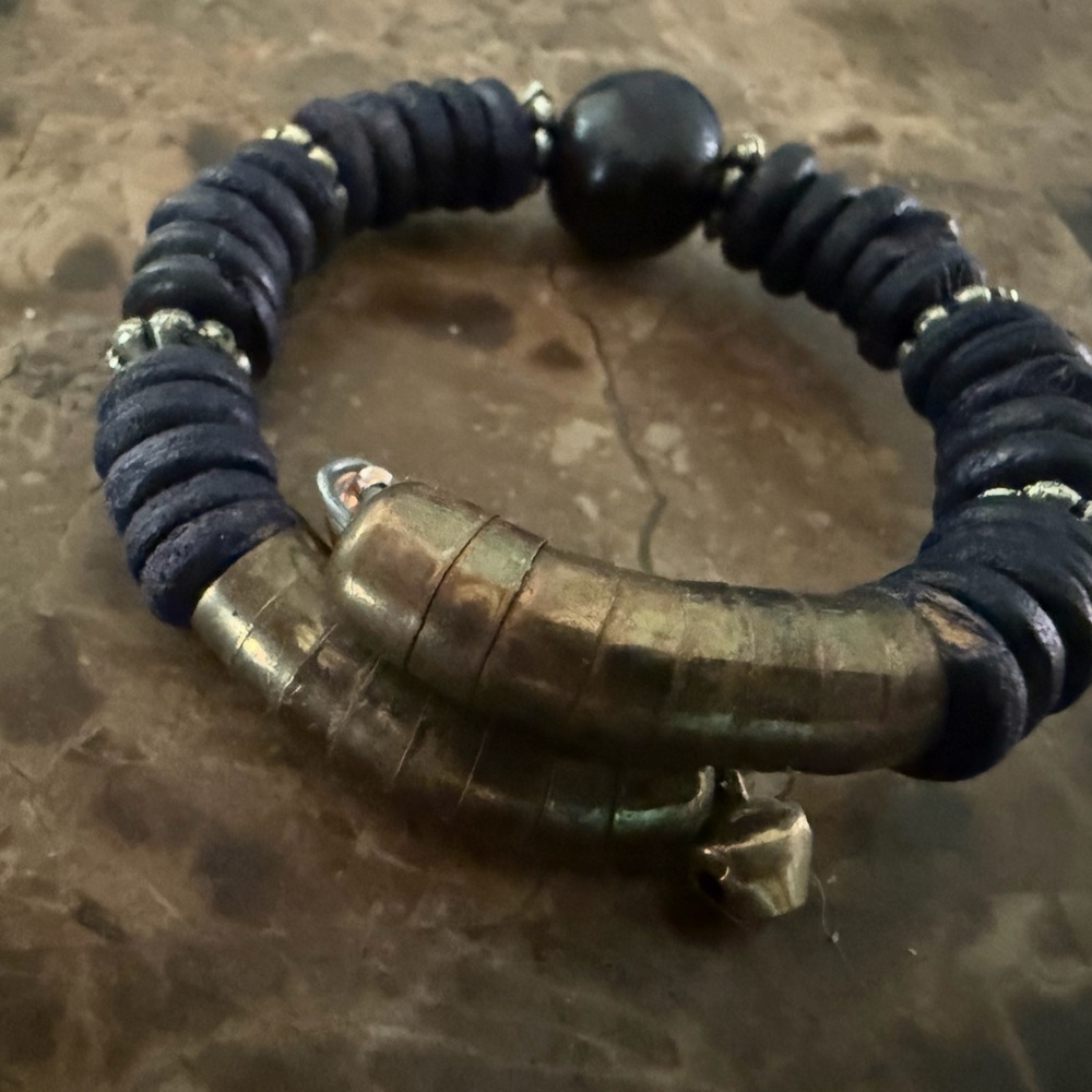 Handmade Tribal Black Bead & Brass Bracelet | Boho Ethnic Artisan Jewelry